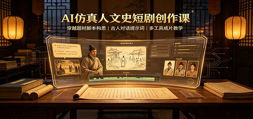 AI仿真人文史短剧创作课:穿越题材脚本构思,古人对话提示词,多工具成片教学-网赚副业网