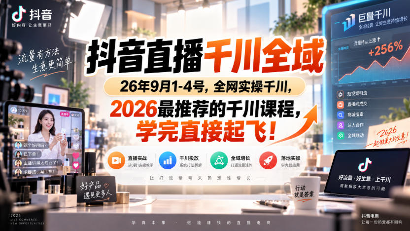 抖音直播千川全域26年9月1-4号，全网实操千川，2026最推荐的千川课程，学完直接起飞！-网赚副业网