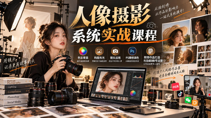 【无水印】人像摄影系统实战课程，色彩审美、构图布光、镜头运用、PS精修调色，附带作品打造与自媒体账号运营-网赚副业网