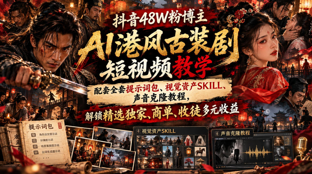 抖音48W粉博主AI港风古装剧短视频教学,配套全套提示词包、视觉资产SKILL、声音克隆教程,解锁精选独家、商单、收徒多元收益-网赚副业网