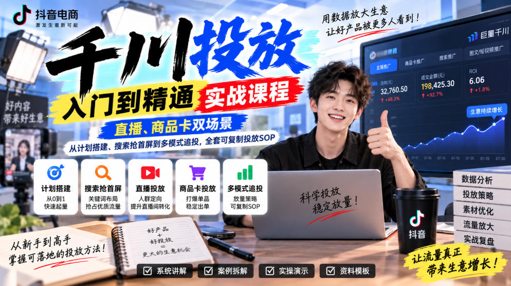 千川投放入门到精通实战课程,直播、商品卡双场景,从计划搭建、搜索抢首屏到多模式追投,全套可复制投放SOP-网赚副业网