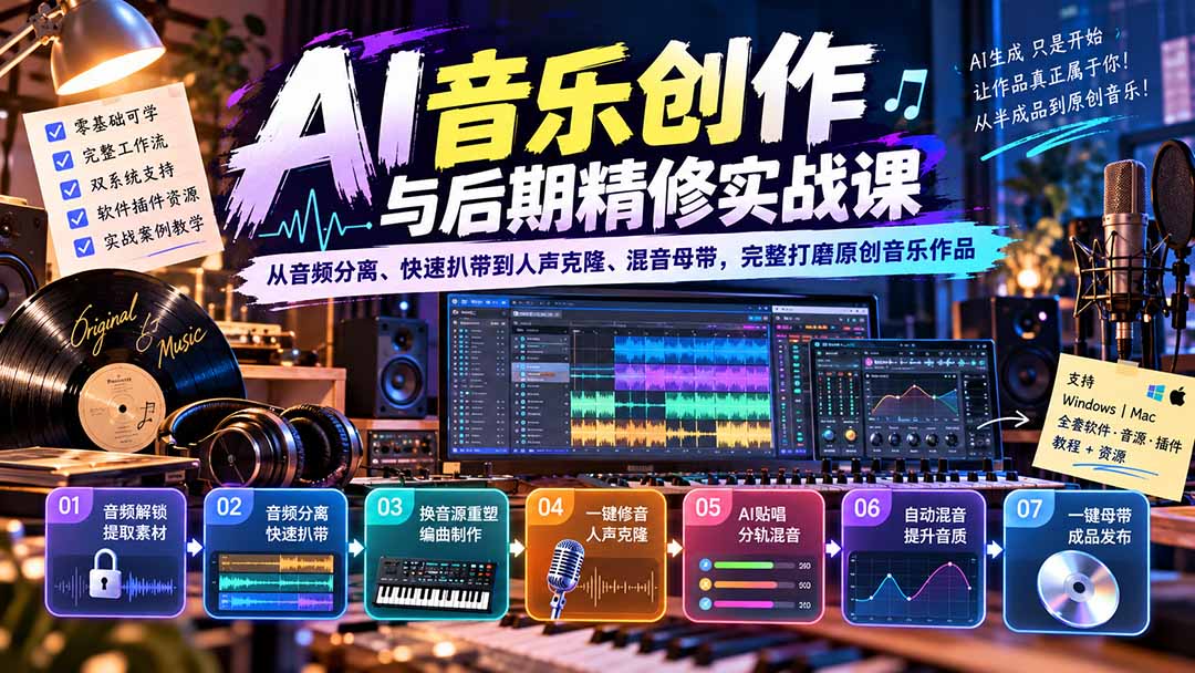 (20652期)AI音乐创作与后期精修实战课:从音频分离、快速扒带到人声克隆、混音母带,完整打磨原创音乐作品插图1 (20652期)AI音乐创作与后期精修实战课:从音频分离、快速扒带到人声克隆、混音母带,完整打磨原创音乐作品插图1