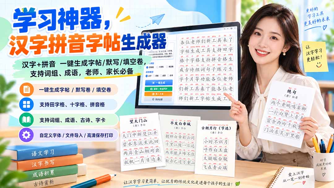 (20299期)学习神器,汉字拼音字帖生成器,汉字+拼音 一键生成字帖/默写/填空卷,支持词组、成语,老师、家长必备-网赚副业网