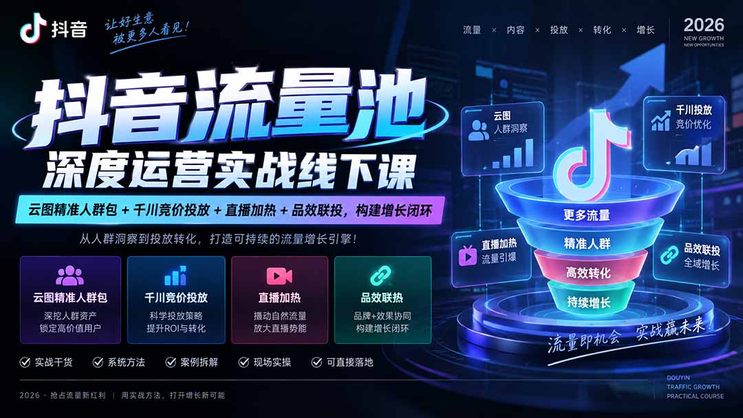 (20598期)抖音流量池深度运营实战线下课|云图精准人群包+千川竞价投放+直播加热+品效联投,构建增长闭环-网赚副业网