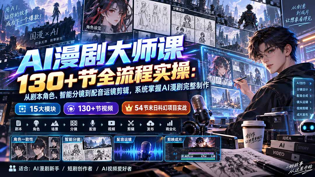 (20326期)AI漫剧大师课130+节全流程实操:从剧本角色、智能分镜到配音运镜剪辑,系统掌握AI漫剧完整制作-网赚副业网