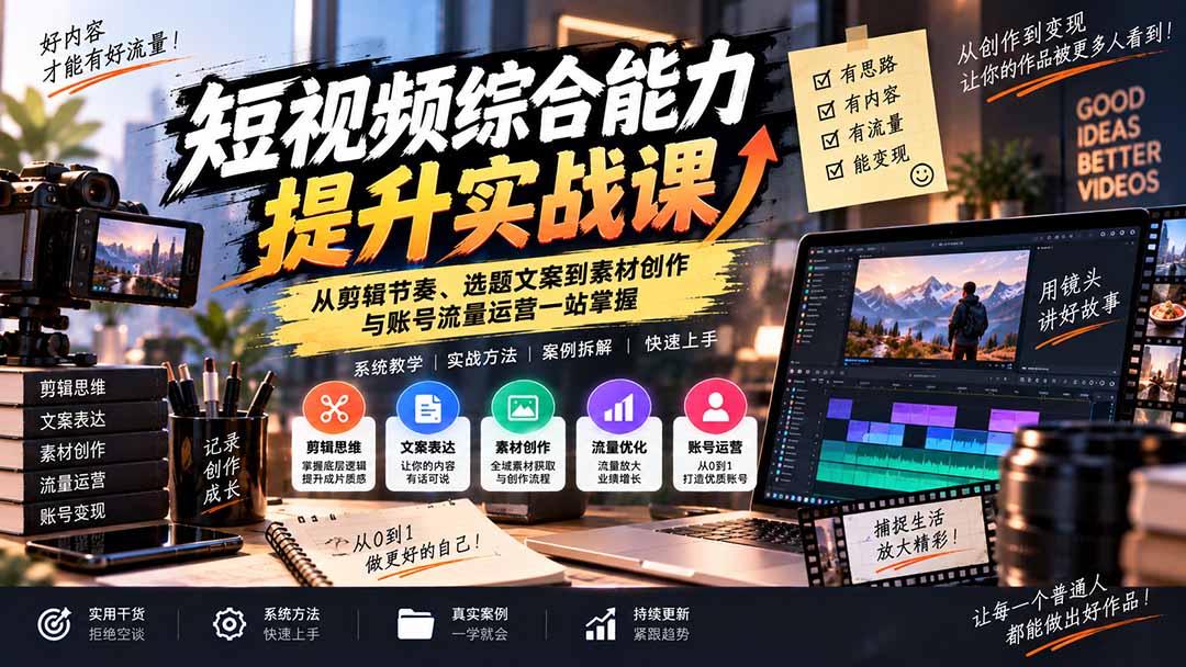 (20599期)短视频综合能力提升实战课:从剪辑节奏、选题文案到素材创作与账号流量运营一站掌握-网赚副业网