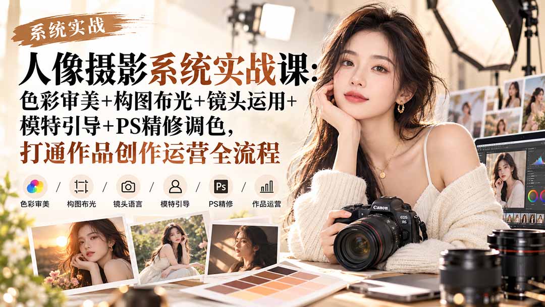 (20623期)【无水印】人像摄影系统实战课:色彩审美+构图布光+镜头运用+模特引导+PS精修调色,打通作品创作运营全流程-网赚副业网