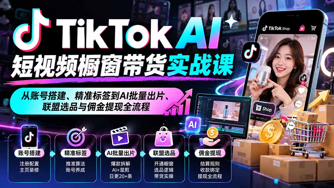 (20725期)TikTok AI短视频橱窗带货实战课:从账号搭建、精准标签到AI批量出片、联盟选品与佣金提现全流程插图1 (20725期)TikTok AI短视频橱窗带货实战课:从账号搭建、精准标签到AI批量出片、联盟选品与佣金提现全流程插图1