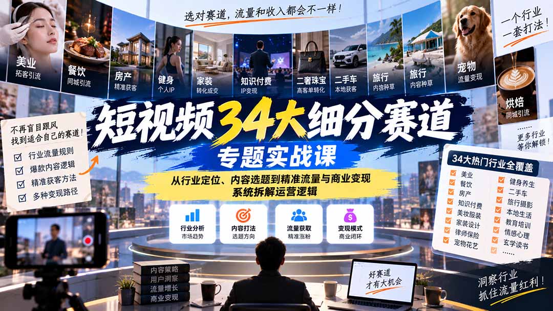 (20600期)短视频34大细分赛道专题实战课:从行业定位、内容选题到精准流量与商业变现,系统拆解运营逻辑-网赚副业网