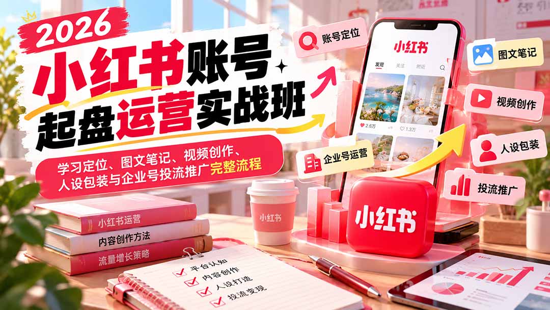 （20646期）2026小红书账号起盘运营实战班：学习定位、图文笔记、视频创作、人设包装与企业号投流推广完整流程-网赚副业网