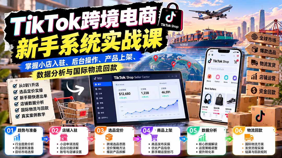 (20672期)TikTok跨境电商新手系统实战课:掌握小店入驻、后台操作、产品上架、数据分析与国际物流回款插图1 (20672期)TikTok跨境电商新手系统实战课:掌握小店入驻、后台操作、产品上架、数据分析与国际物流回款插图1