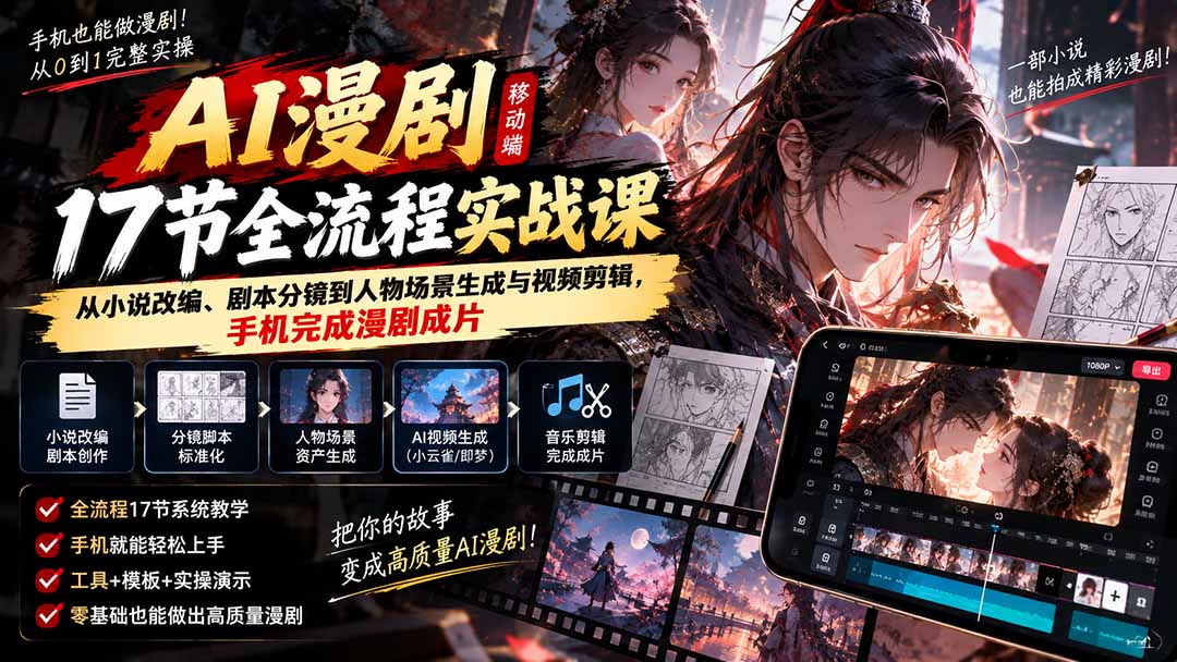 (20624期)AI漫剧移动端17节全流程实战课:从小说改编、剧本分镜到人物场景生成与视频剪辑,手机完成漫剧成片插图1 (20624期)AI漫剧移动端17节全流程实战课:从小说改编、剧本分镜到人物场景生成与视频剪辑,手机完成漫剧成片插图1