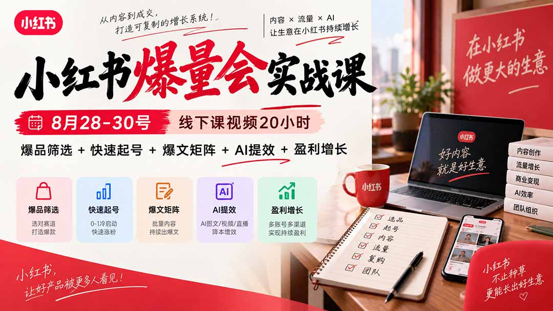 (20359期)小红书爆量会实战课:8月28-30号线下课视频20小时,爆品筛选+快速起号+爆文矩阵+AI提效+盈利增长-网赚副业网