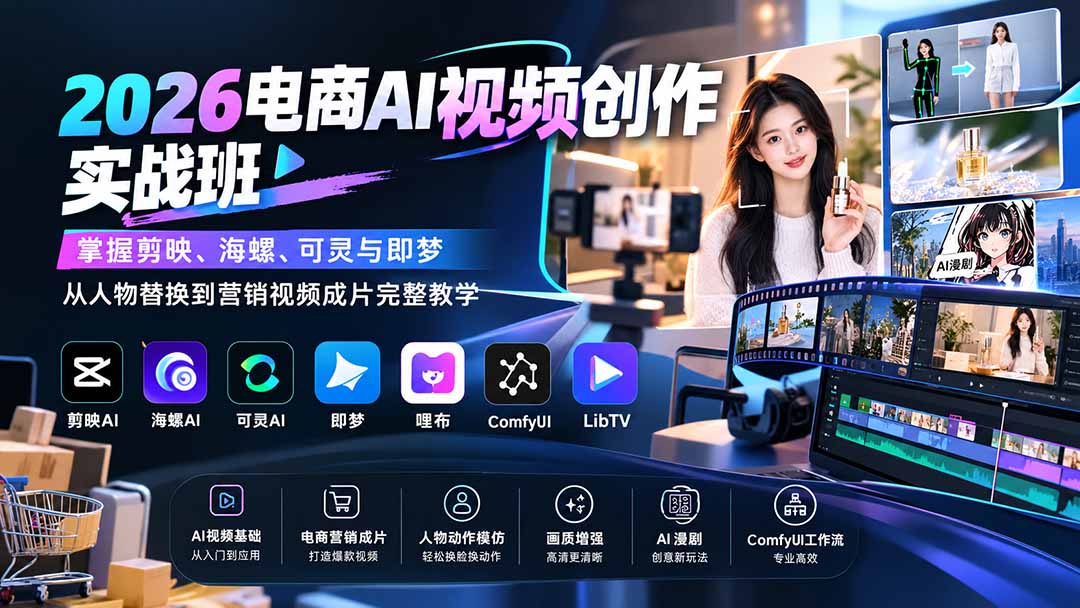 (20466期)2026电商AI视频创作实战班:掌握剪映、海螺、可灵与即梦,从人物替换到营销视频成片完整教学-网赚副业网
