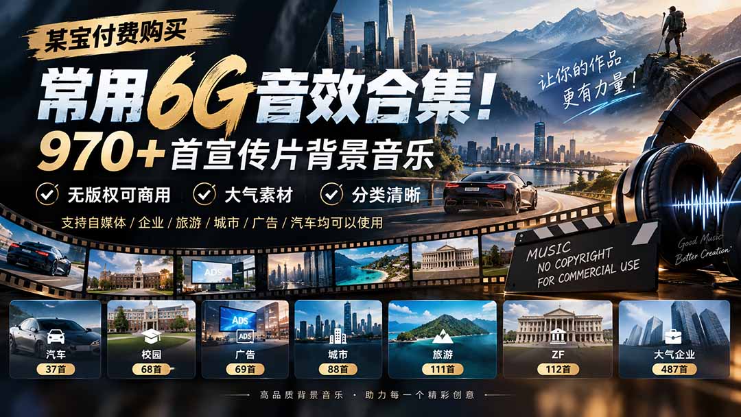 (20603期)某宝付费购买,常用6G音效合集!970+首宣传片背景音乐,无版权可商用大气素材,分类清晰-网赚副业网