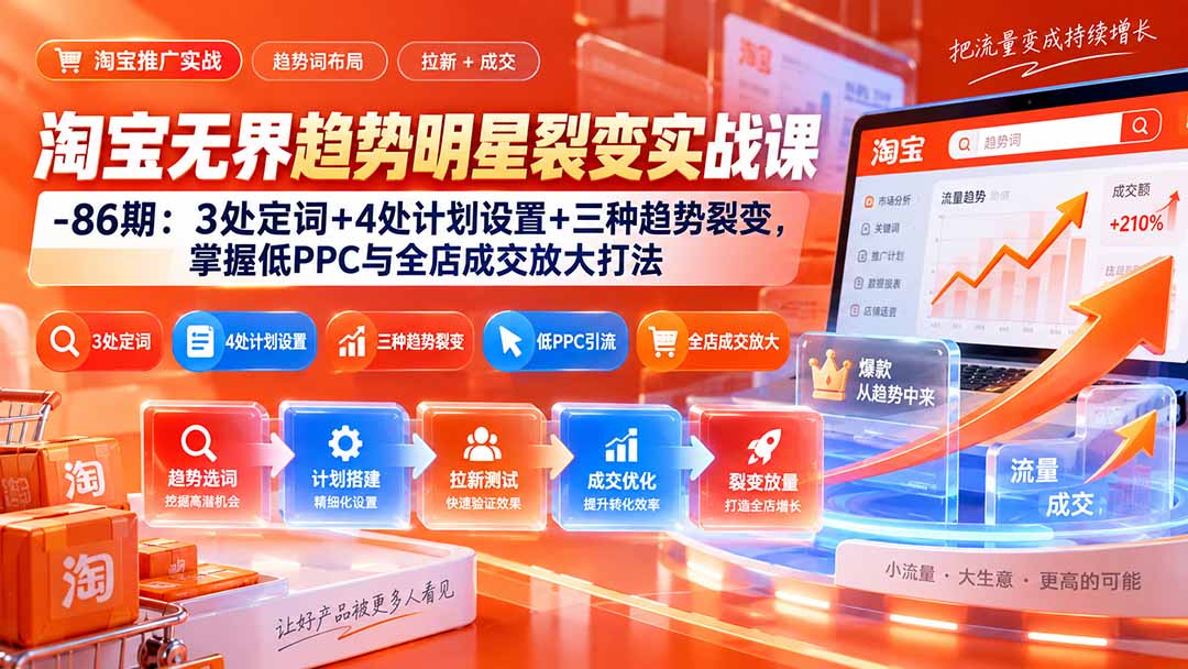 (20320期)淘宝无界趋势明星裂变实战课-86期:3处定词+4处计划设置+三种趋势裂变,掌握低PPC与全店成交放大打法-网赚副业网