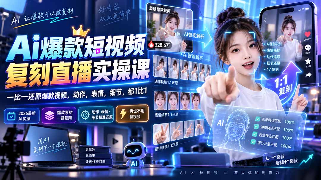 (20304期)最新Ai爆款短视频复刻直播实操课,一比一还原爆款视频,动作,表情,细节,都1比1-网赚副业网