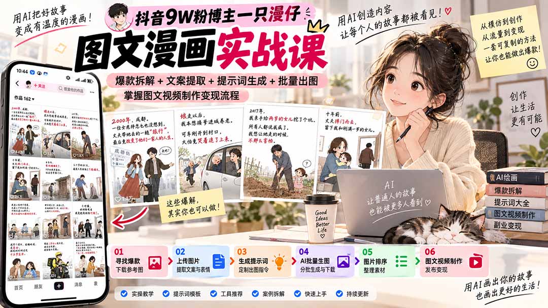 (20584期)抖音9W粉博主一只漫仔图文漫画课:爆款拆解+文案提取+提示词生成+批量出图,掌握图文视频制作变现流程-网赚副业网