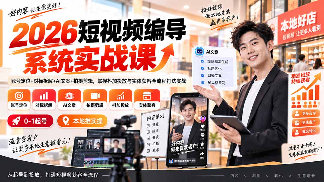 (20305期)2026短视频编导系统实战课:账号定位+对标拆解+AI文案+拍摄剪辑,掌握抖加投放与实体获客全流程打法实战-网赚副业网