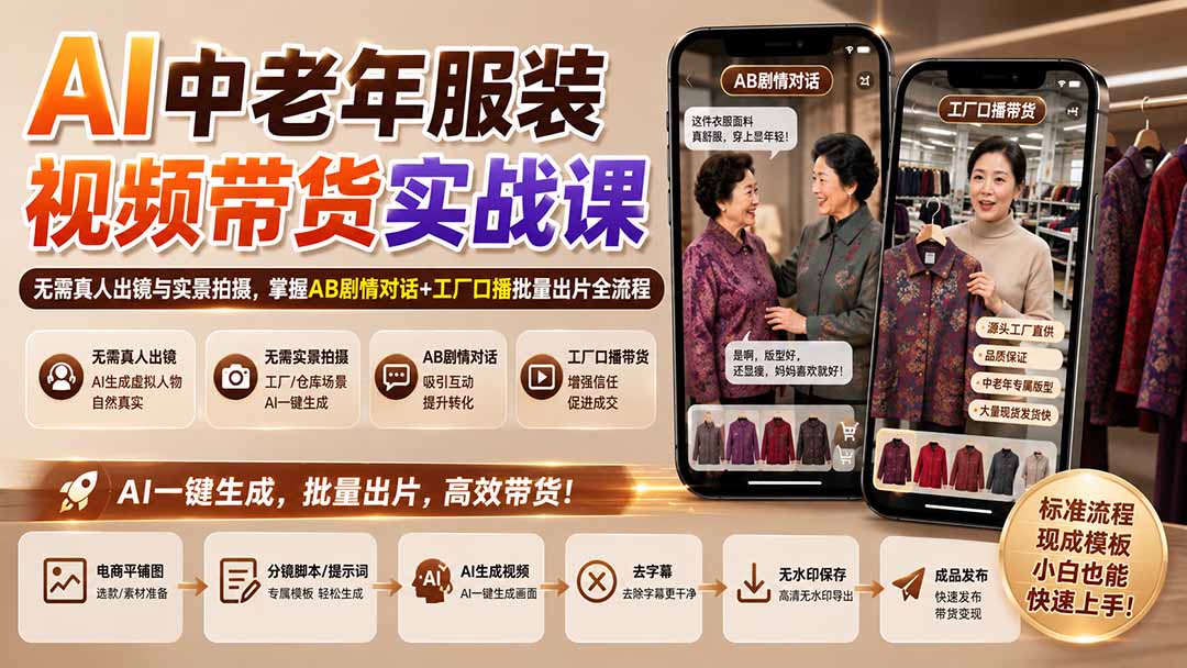 (20198期)AI中老年服装视频带货实战课:无需真人出镜与实景拍摄,掌握AB剧情对话+工厂口播批量出片全流程-网赚副业网
