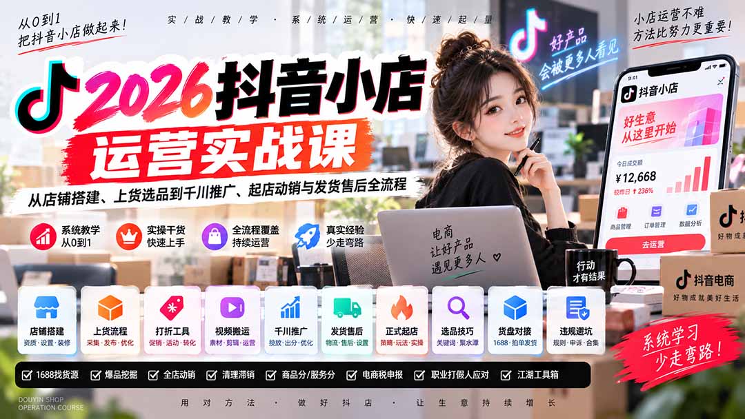 (20568期)2026抖音小店运营实战课|从店铺搭建、上货选品到千川推广、起店动销与发货售后全流程插图1 (20568期)2026抖音小店运营实战课|从店铺搭建、上货选品到千川推广、起店动销与发货售后全流程插图1