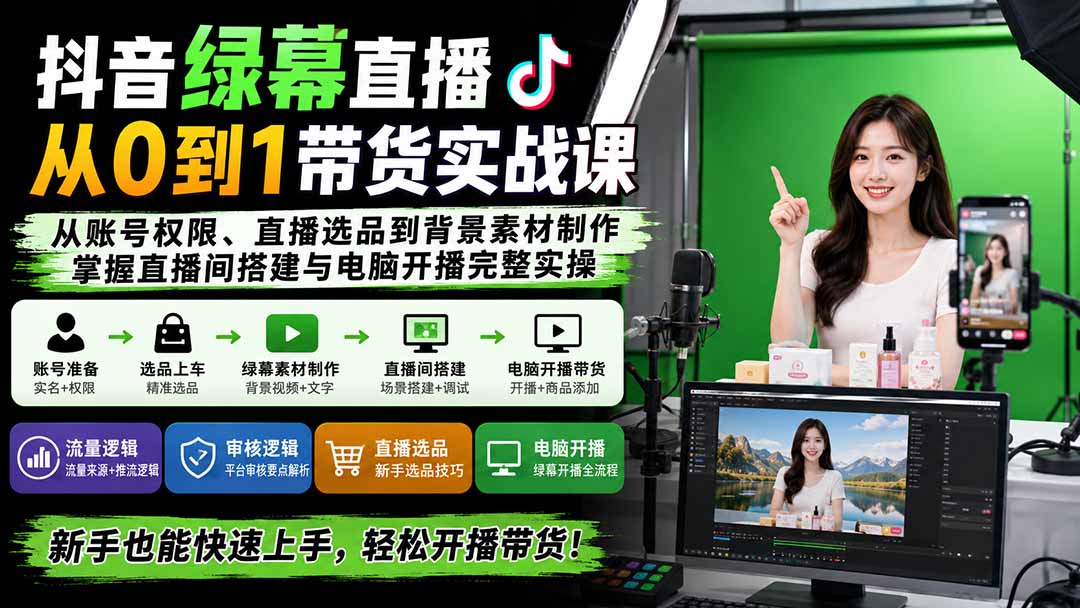 (20224期)抖音绿幕直播从0到1带货实战课:从账号权限、直播选品到背景素材制作,掌握直播间搭建与电脑开播完整实操-网赚副业网