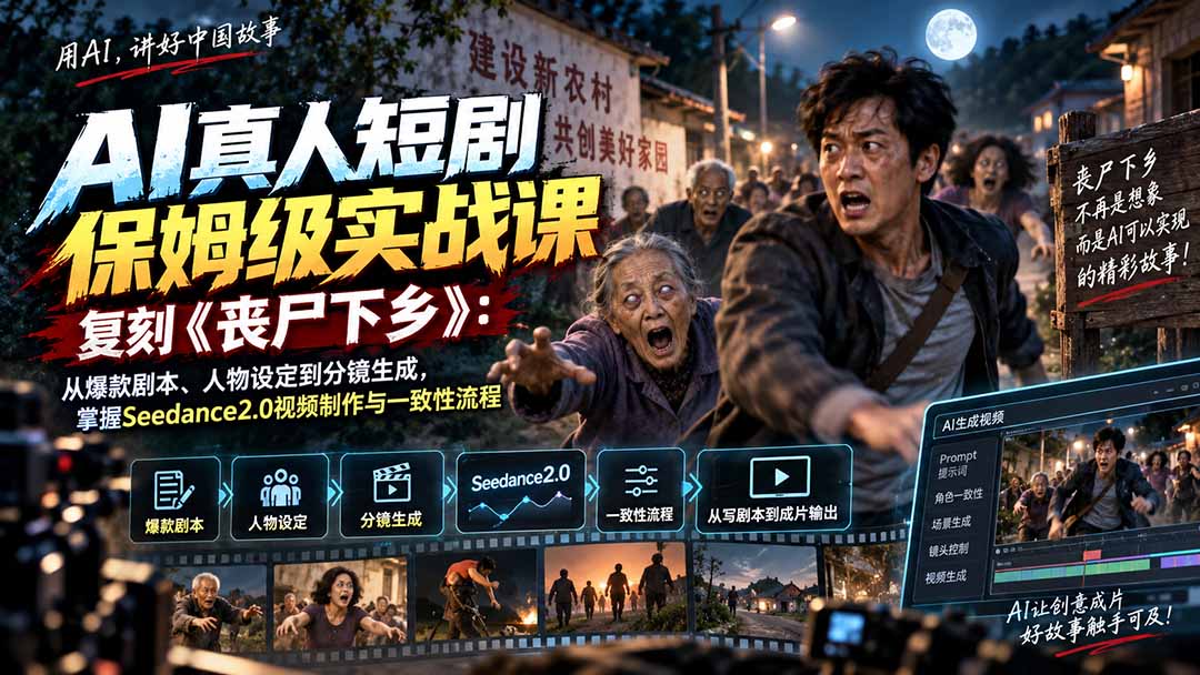 (20359期)AI真人短剧保姆级实战课,复刻《丧尸下乡》:从爆款剧本、人物设定到分镜生成,掌握Seedance2.0视频制作与一致性流程-网赚副业网