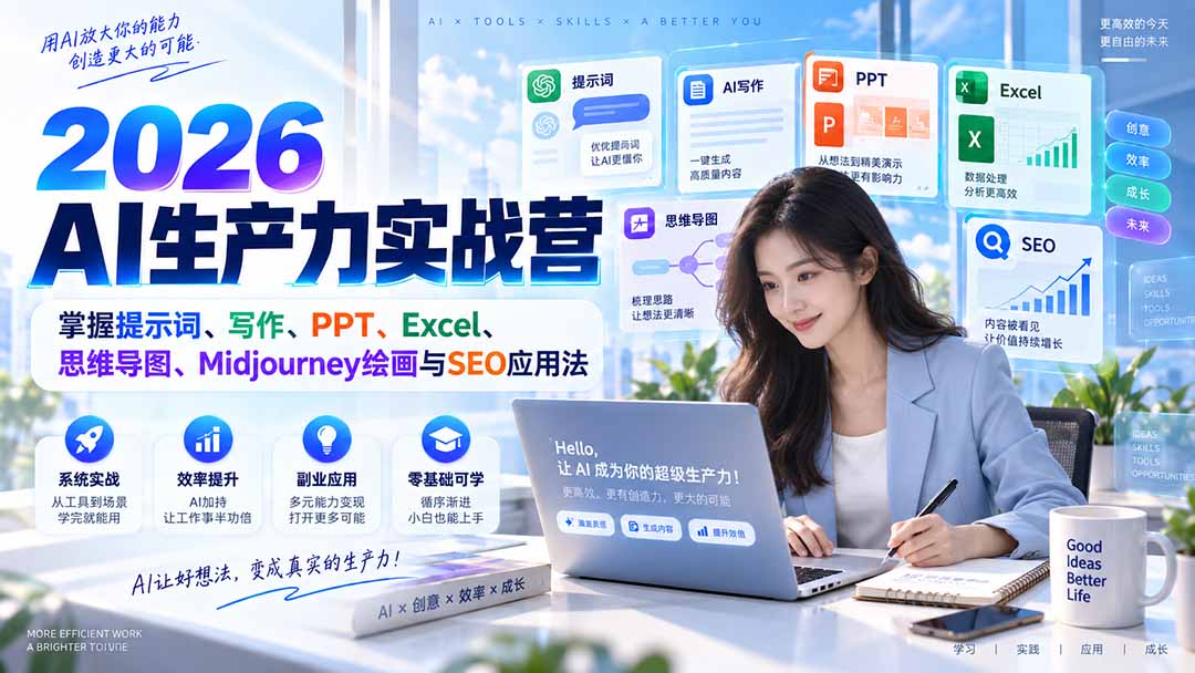 (20307期)2026AI生产力实战营:掌握提示词、写作、PPT、Excel、思维导图、Midjourney绘画与SEO应用法-网赚副业网