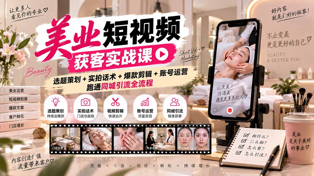(20586期)美业短视频获客实战课-无水印:选题策划+实拍话术+爆款剪辑+账号运营,跑通同城引流全流程-网赚副业网