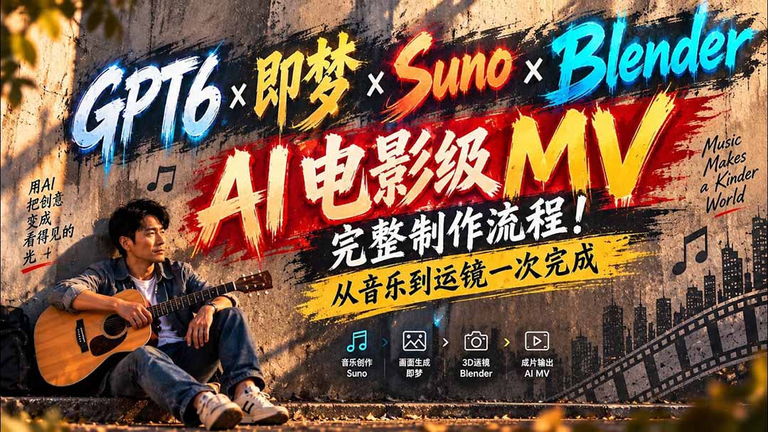 (20587期)GPT6×即梦×Suno×Blender|AI电影级MV完整制作流程!从音乐到运镜一次完成 (无水印)-网赚副业网