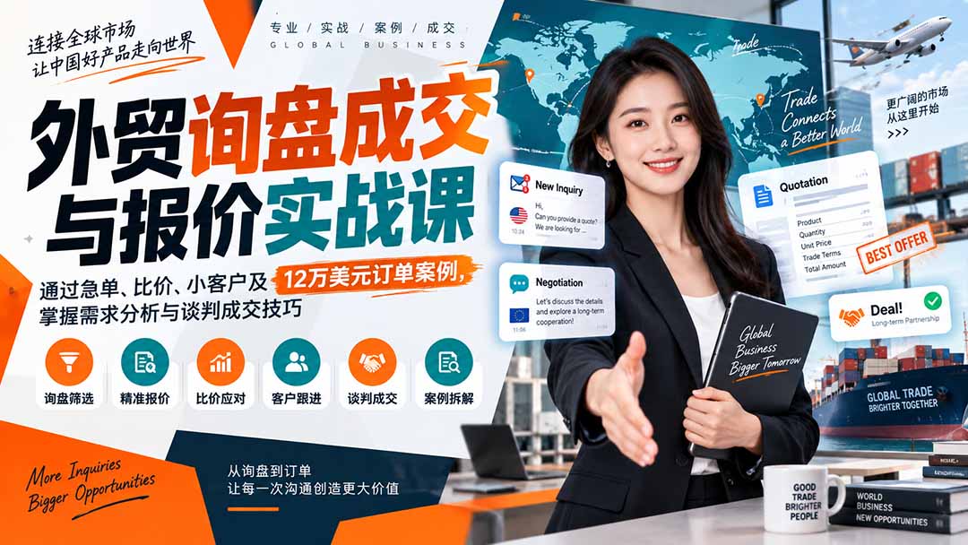 (20424期)外贸询盘成交与报价实战课:通过急单、比价、小客户及12万美元订单案例,掌握需求分析与谈判成交技巧插图1 (20424期)外贸询盘成交与报价实战课:通过急单、比价、小客户及12万美元订单案例,掌握需求分析与谈判成交技巧插图1