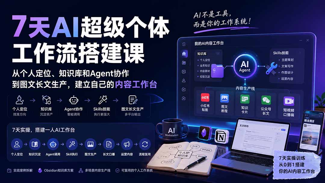 (20190期)7天AI超级个体工作流搭建课:从个人定位、知识库和Agent协作到图文长文生产,建立自己的内容工作台-网赚副业网