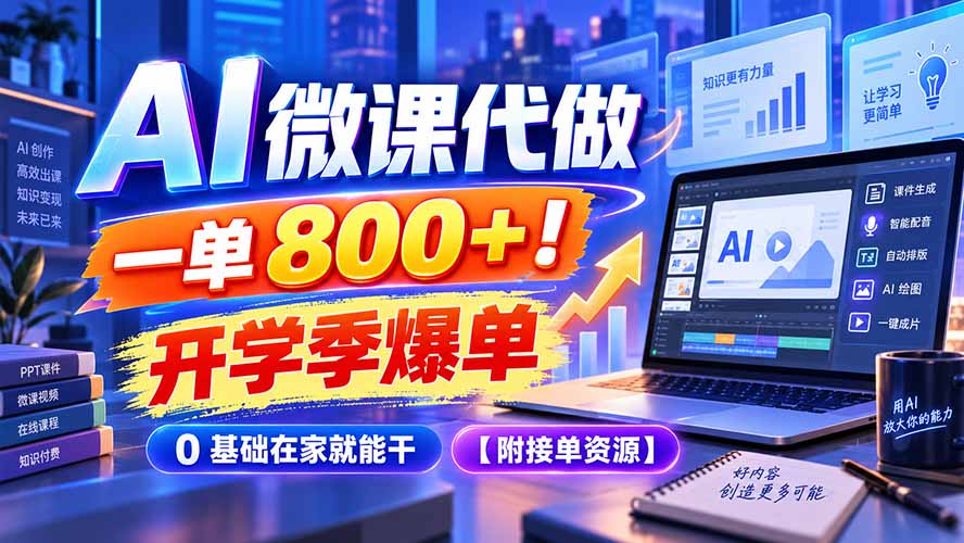 (20605期)AI 微课代做,一单 800+!开学季爆单,0 基础在家就能干【附接单资源】-网赚副业网