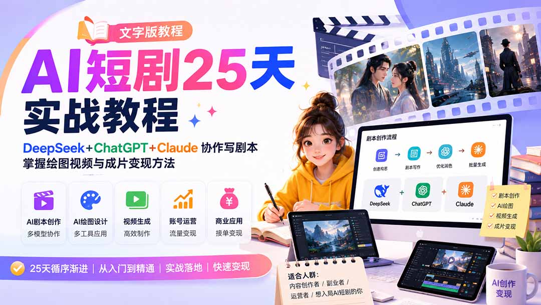 (20225期)AI短剧25天实战教程(文字版教程):DeepSeek+ChatGPT+Claude协作写剧本,掌握绘图视频与成片变现方法-网赚副业网