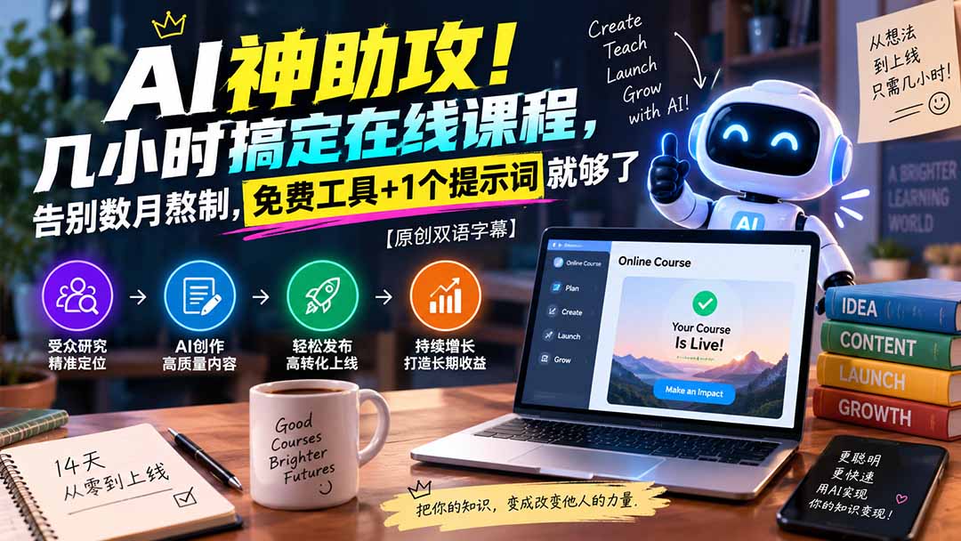 (20528期)AI神助攻!几小时搞定在线课程,告别数月熬制,免费工具+1个提示词就够了【原创双语字幕】-网赚副业网
