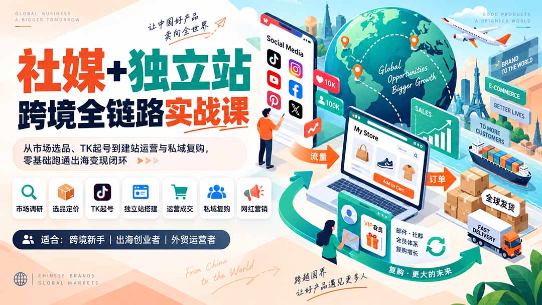 (20361期)社媒+独立站跨境全链路实战课:从市场选品、TK起号到建站运营与私域复购,零基础跑通出海变现闭环-网赚副业网