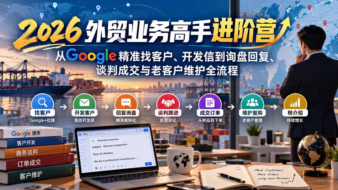 (20690期)2026外贸业务高手进阶营:从Google精准找客户、开发信到询盘回复、谈判成交与老客户维护全流程插图1 (20690期)2026外贸业务高手进阶营:从Google精准找客户、开发信到询盘回复、谈判成交与老客户维护全流程插图1