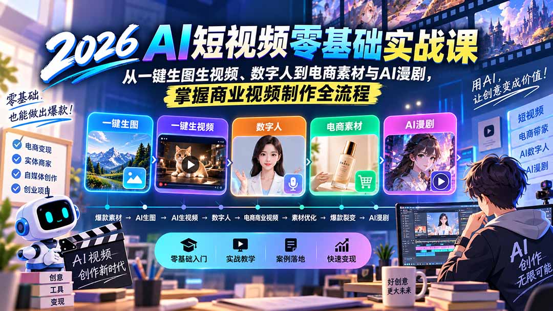 (20263期)2026AI短视频零基础实战课:从一键生图生视频、数字人到电商素材与AI漫剧,掌握商业视频制作全流程-网赚副业网