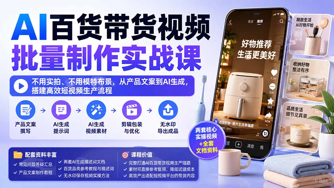 (20179期)AI百货带货视频批量制作实战课:不用实拍、不用模特布景,从产品文案到AI生成,搭建高效短视频生产流程插图1 (20179期)AI百货带货视频批量制作实战课:不用实拍、不用模特布景,从产品文案到AI生成,搭建高效短视频生产流程插图1