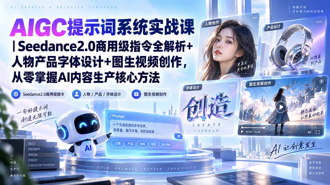 (20559期)AIGC提示词系统实战课-无水印|Seedance2.0商用级指令全解析+人物产品字体设计+图生视频创作,掌握AI内容生产方法插图1 (20559期)AIGC提示词系统实战课-无水印|Seedance2.0商用级指令全解析+人物产品字体设计+图生视频创作,掌握AI内容生产方法插图1