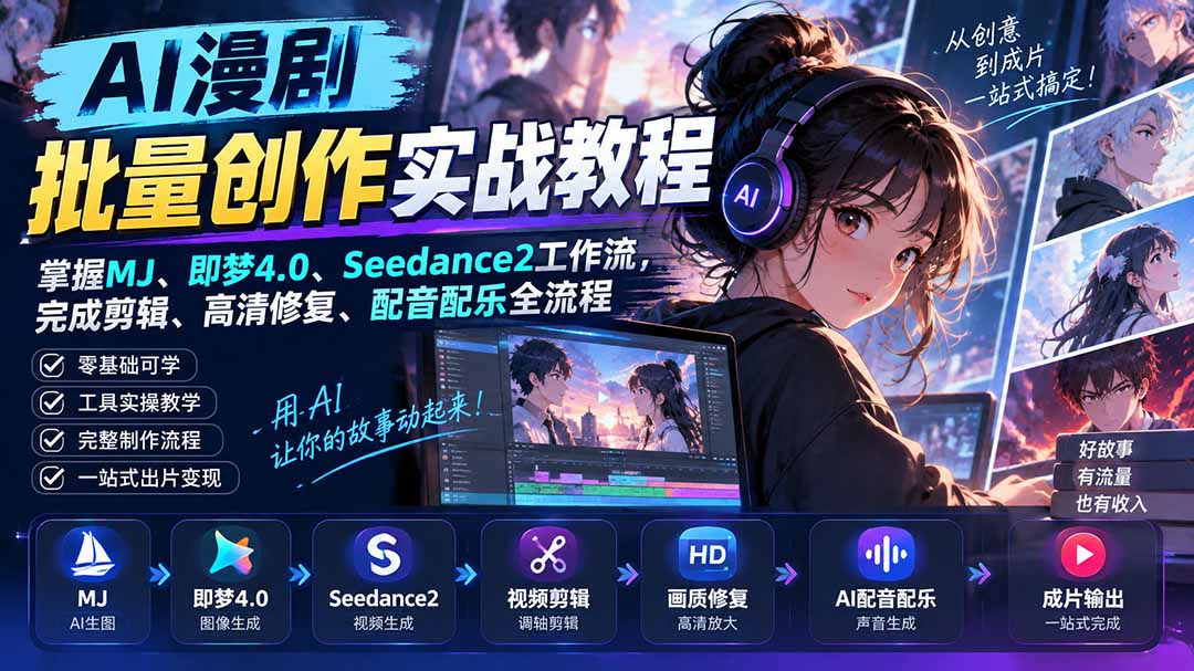 (20488期)AI漫剧批量创作实战教程:掌握MJ、即梦4.0、Seedance2工作流,完成剪辑、高清修复、配音配乐全流程-网赚副业网