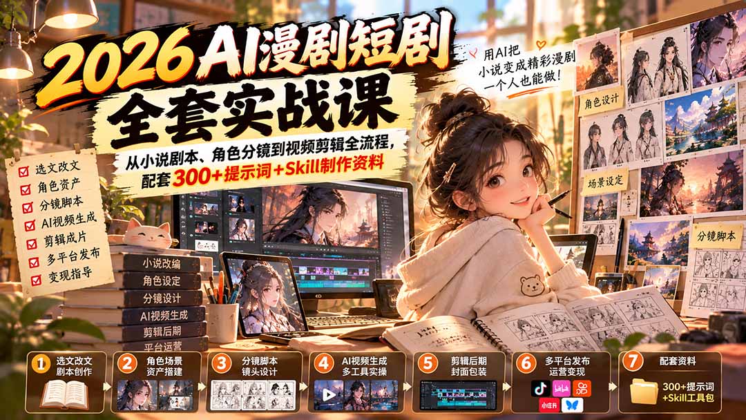 （20629期）2026AI漫剧短剧全套实战课：从小说剧本、角色分镜到视频剪辑全流程，配套300+提示词+Skill制作资料-网赚副业网