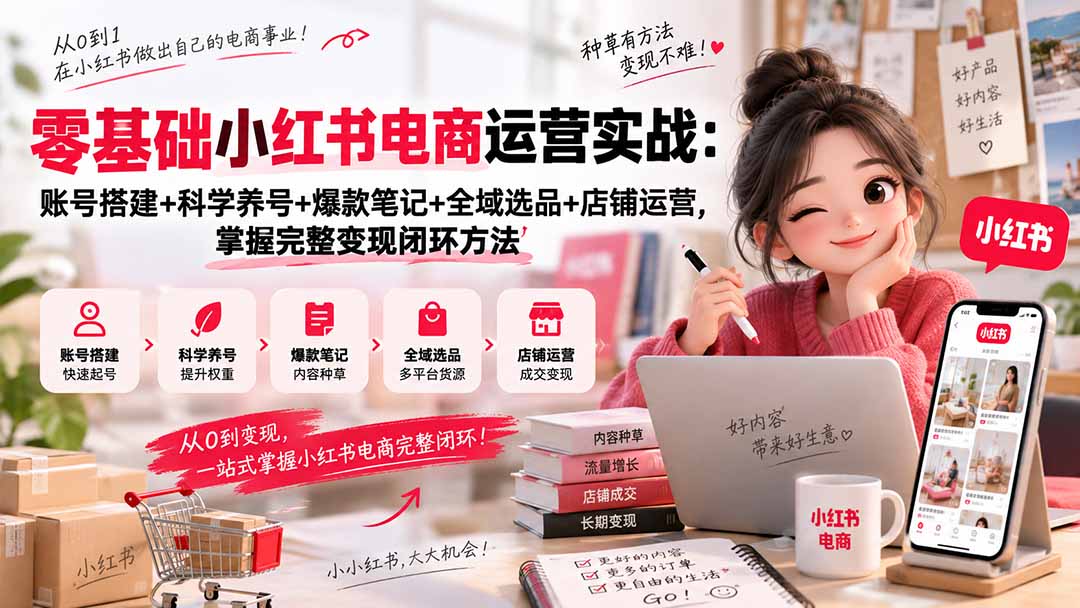 (20467期)零基础小红书电商运营实战:账号搭建+科学养号+爆款笔记+全域选品+店铺运营,掌握完整变现闭环方法-网赚副业网