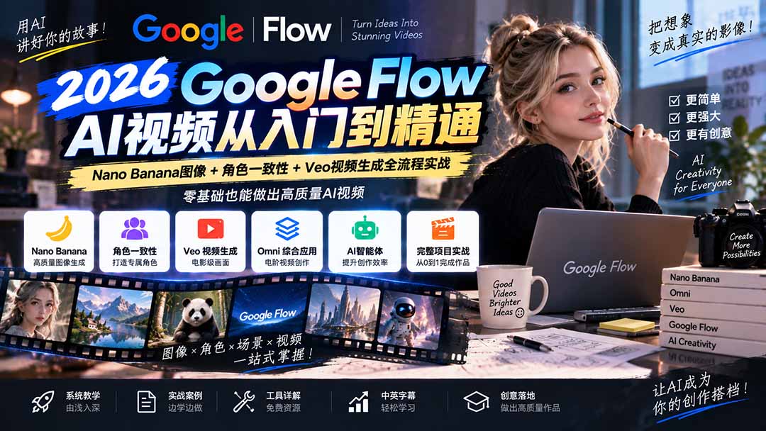 (20608期)【无水印】Google Flow AI视频从入门到精通:Nano Banana图像+角色一致性+Veo视频生成全流程实战-精翻中英字幕-网赚副业网