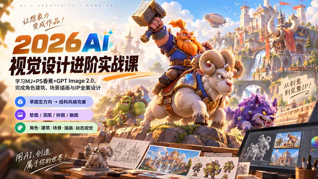 (20425期)2026AI视觉设计进阶实战课-更新:学习MJ+PS香蕉+GPT Image 2.0,完成角色建筑、场景插画与IP全案设计-网赚副业网