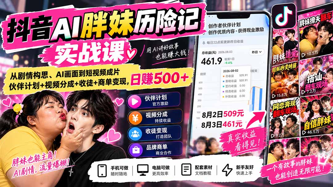 （20489期）抖音AI胖妹历险记实战课：从剧情构思、AI画面到短视频成片，伙伴计划+视频分成+收徒+商单变现，日赚500+-网赚副业网