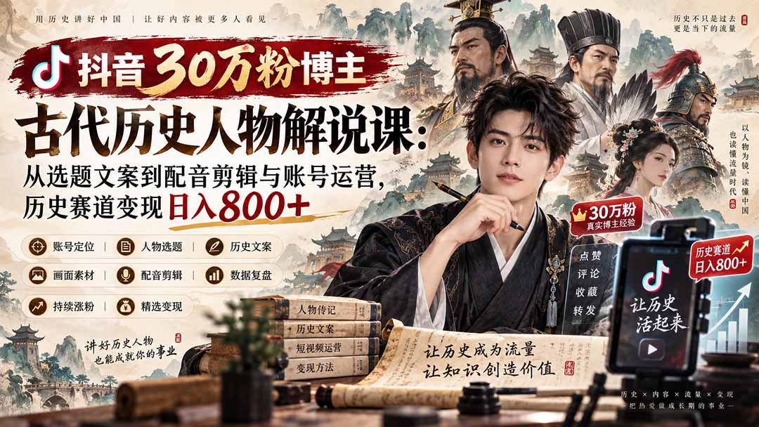 (20441期)抖音30万粉博主古代历史人物解说课:从选题文案到配音剪辑与账号运营,历史赛道变现日入800+-网赚副业网