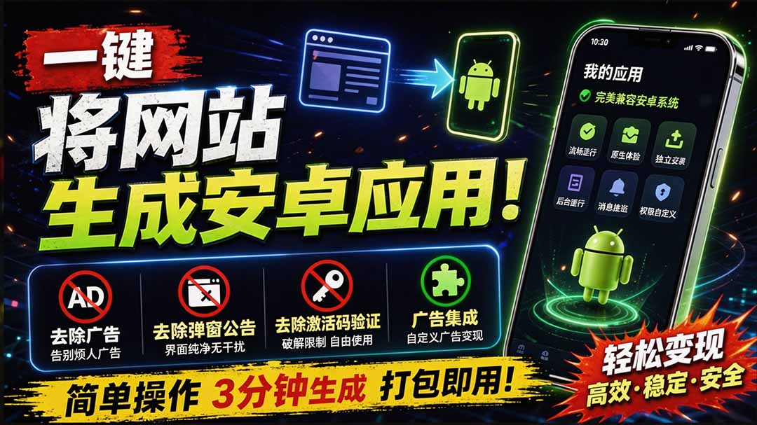 (20305期)目前最好用,一键将网站生成安卓应用!支持去除广告、弹窗公告、激活码验证、广告集成等 web-to-app-网赚副业网