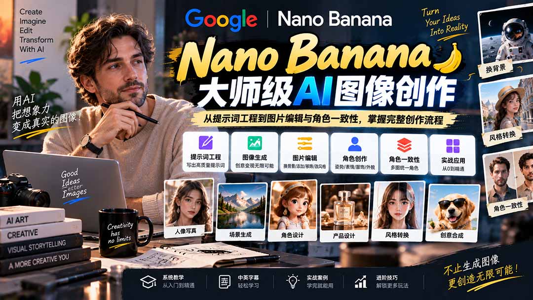 (20609期)【无水印】Nano Banana大师级AI图像实战课:从提示词工程到图片编辑与角色一致性,掌握完整创作流程-网赚副业网