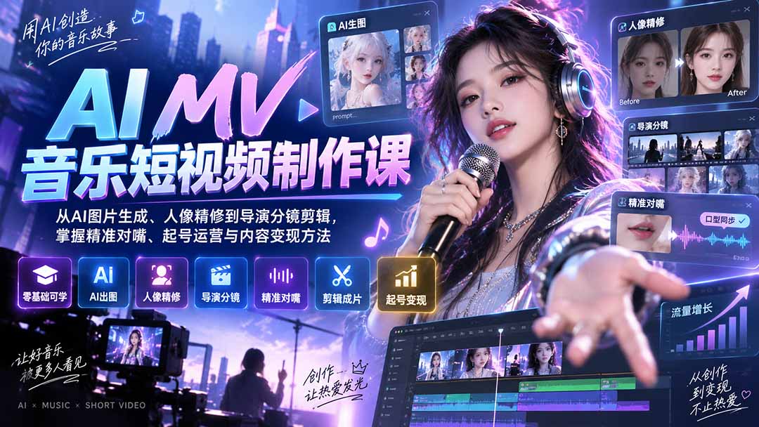 (20364期)AI MV音乐短视频制作课:从AI图片生成、人像精修到导演分镜剪辑,掌握精准对嘴、起号运营与内容变现方法插图1 (20364期)AI MV音乐短视频制作课:从AI图片生成、人像精修到导演分镜剪辑,掌握精准对嘴、起号运营与内容变现方法插图1